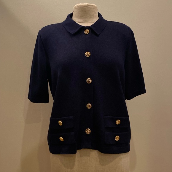 Mita Vintage Womens Navy Short Sleeve Knit Top Blazer w gold Buttons / Size 14 - Picture 3 of 9